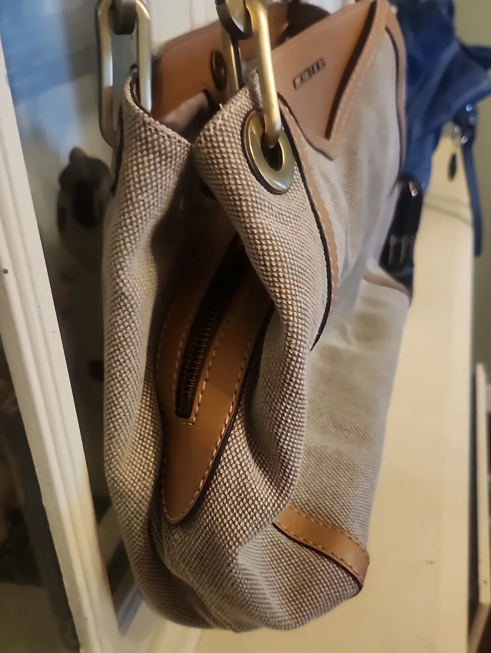Michael Kors Beige Canvas Shoulder Bag with Tan Leather Trim